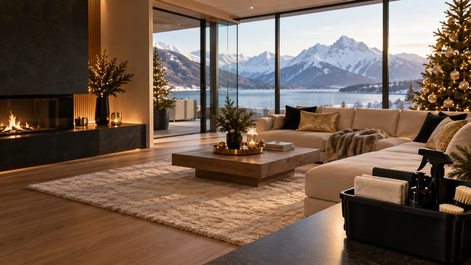 Festlich vorbereitetes, sauberes Wohnzimmer mit goldenen Weihnachtsakzenten – Symbolbild